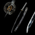 Tenmoku Japanese sword main components disassembled display, including blade, scabbard, handle, and fittings