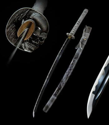 Tenmoku Japanese sword main components disassembled display, including blade, scabbard, handle, and fittings