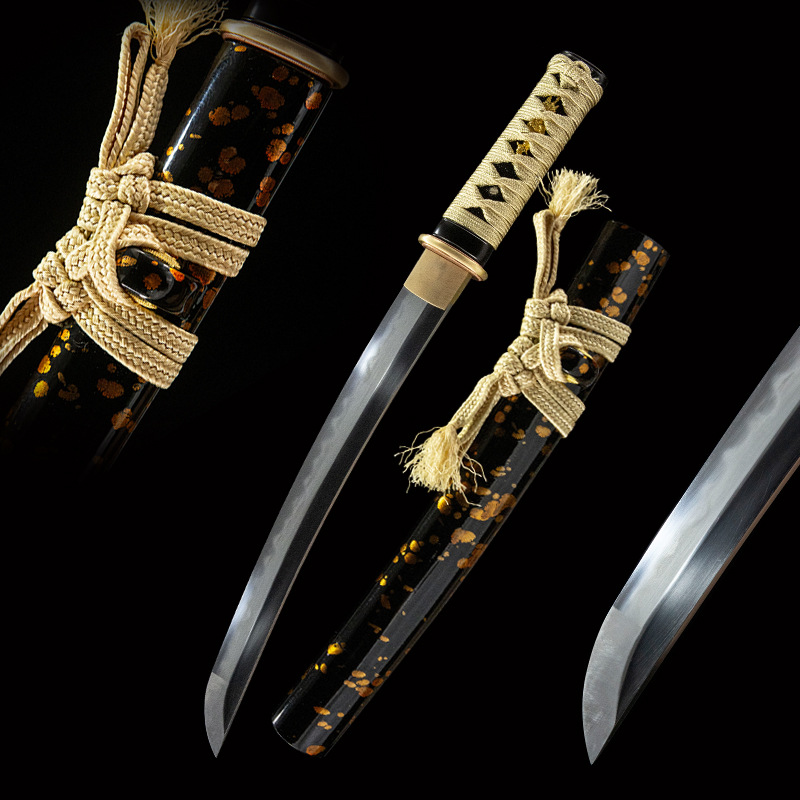 Battle of Shadows Wakizashi components laid out, including blade, handle, scabbard, and details, showcasing overall aesthetics