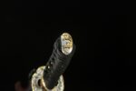 Red Flame Dragon Soul Katana handle wrap, black Ito, gold menuki, comfortable grip.