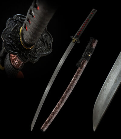 Blood Eagle Guard Japanese Sword disassembled components, blade, scabbard, and handle clearly visible.