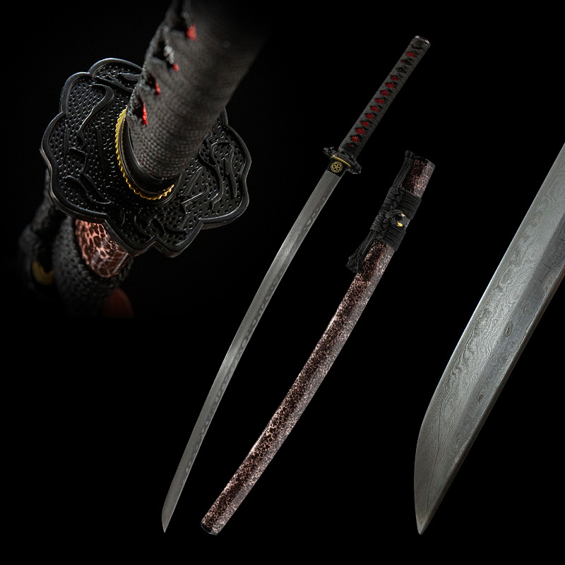 Blood Eagle Guard Japanese Sword disassembled components, blade, scabbard, and handle clearly visible.