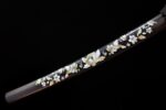 Scabbard mid-section close-up, dark Flower Phantom Blade Katana scabbard body adorned with white plum blossom pattern, showcasing exquisite decorative details