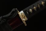 Red Flame Dragon Soul Katana scabbard, black finish, red accents, woven cord.