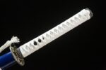 Snow Lotus Warrior katana hilt full view, intricately wrapped in white cotton ito forming a distinct diamond pattern, paired with a white sageo, showcasing an elegant style and grip texture.