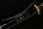 Longyao Kyushu Japanese sword scabbard sageo knot close-up, black cord with tsuba section
