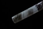 Tenmoku Japanese sword scabbard end close-up, showcasing smooth dark lacquer finish and end details