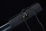 Tactical Black Warrior sword, scabbard, black tie cord, gold retaining ring, simple design, practical accessory display