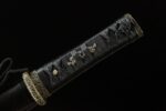 Night Blade sword, full view of black wrapped hilt, showcasing golden dragon ornaments and fine craftsmanship for comfortable grip.