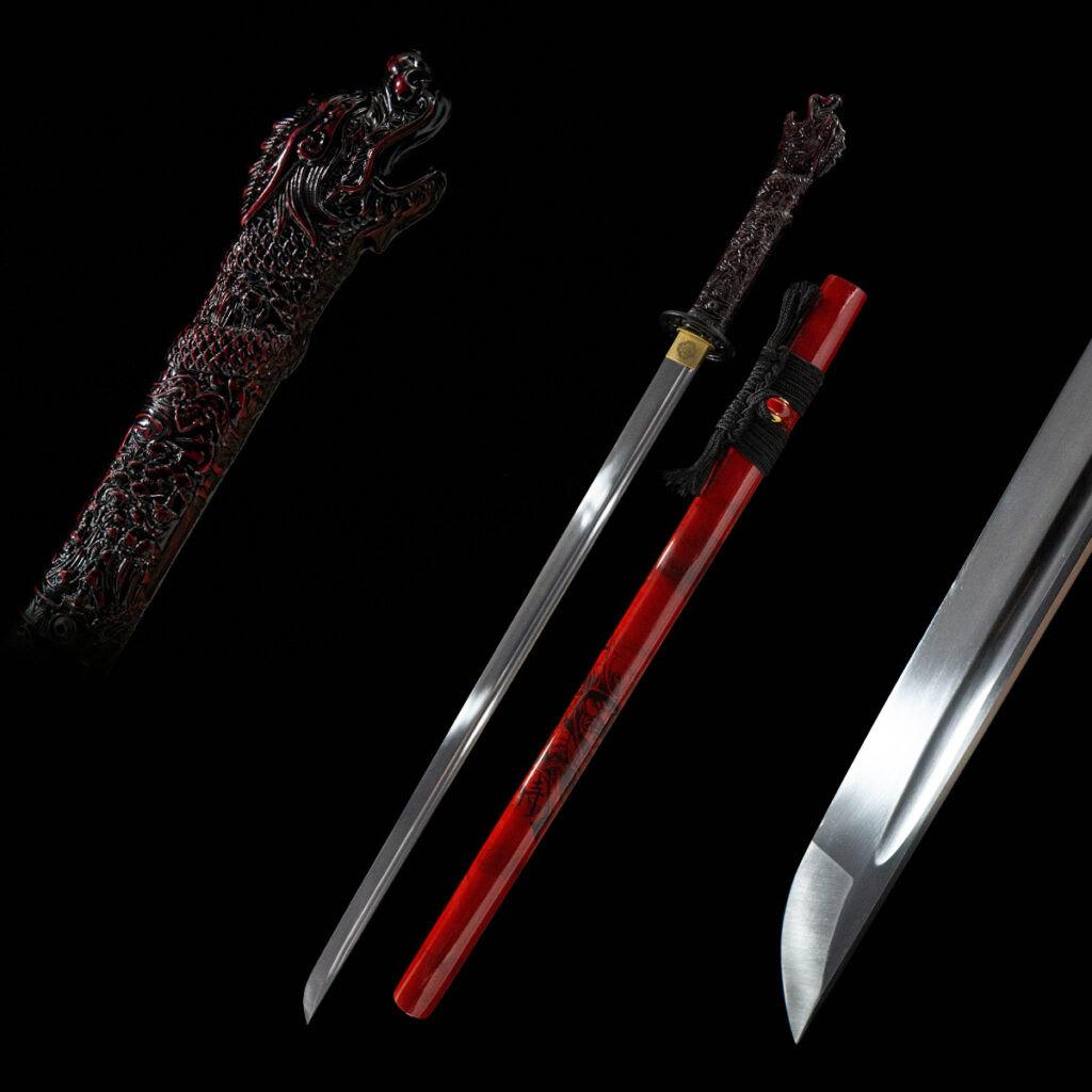 Red Dragon Guard disassembled components, including blade, handle, and red scabbard, for detailed inspection.