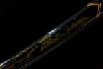 Green Shade Katana scabbard mid-section, green base with gold auspicious cloud pattern details, symbolizing good fortune.