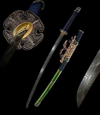 Shogun Tachi disassembled components display, including blade, handle, scabbard, and fittings, for structural understanding.