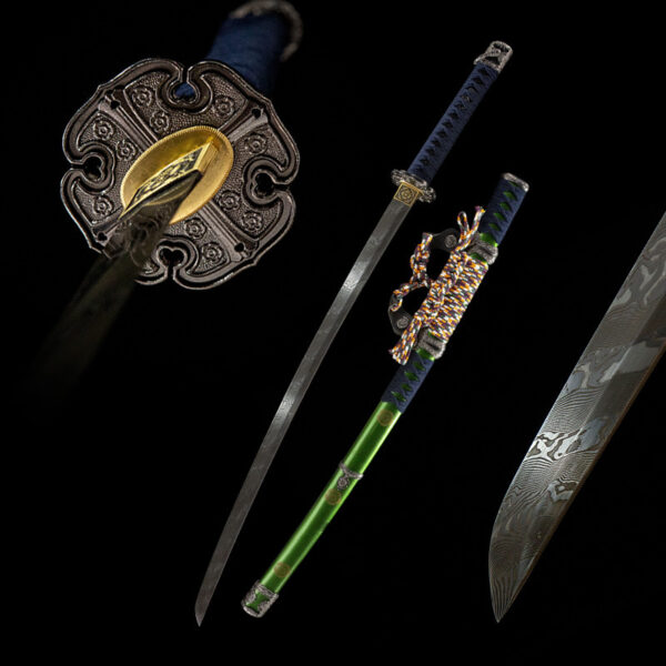 Shogun Tachi disassembled components display, including blade, handle, scabbard, and fittings, for structural understanding.