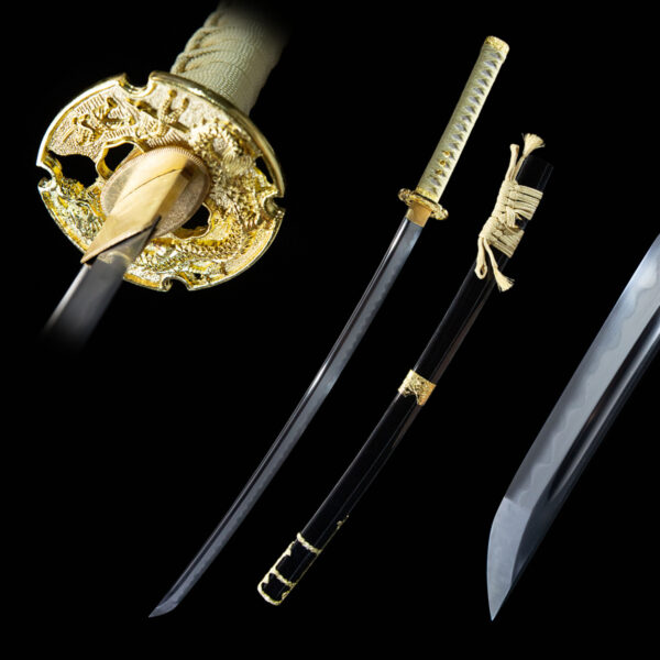Half-Tachi disassembled components display, including blade, gold handle, and scabbard, for part understanding.