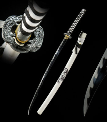 Mermaid Sword full display, including blade, handle, and white scabbard