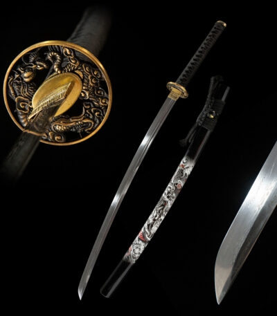 Longyao Kyushu Japanese sword full display, including blade, scabbard, and fittings, for collection and appreciation