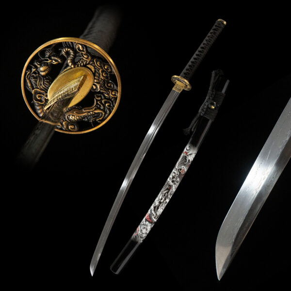 Longyao Kyushu Japanese sword full display, including blade, scabbard, and fittings, for collection and appreciation