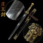 Zhuang Wang Sword, full view, complete blade, scabbard, and hilt, ornate design, black background