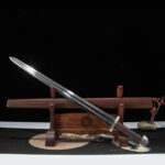 Wind Messenger sword display, on stand, full view, collectible item.