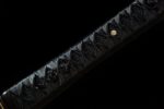 Shadow Ninja Straight Blade, close-up of the tightly wrapped black cotton ito handle, showing clear diamond pattern and visible mekugi, highlighting traditional handle craftsmanship and grip texture.