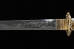 Red Flame Dragon Soul Katana blade engraving, dragon motif, detailed craftsmanship.
