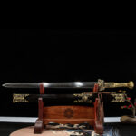 Zhuang Wang Sword full display, blade and scabbard placed on exquisite stand, showcasing overall aesthetics and collection value