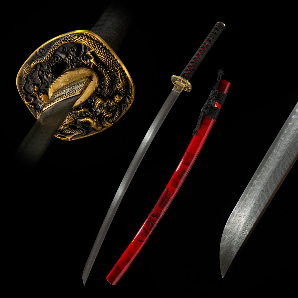 Dragon Slayer Sword full display, red scabbard, black handle, silver blade, visually striking