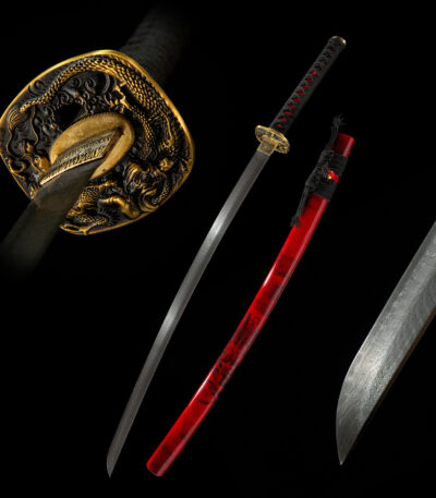 Dragon Slayer Sword full display, red scabbard, black handle, silver blade, visually striking