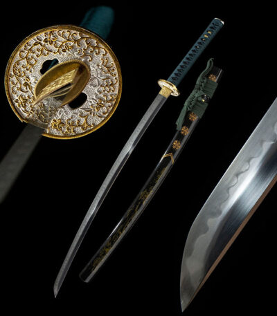 Green Shade Katana disassembled components display, including blade, handle, scabbard, and gold Tsuba, for structural analysis.
