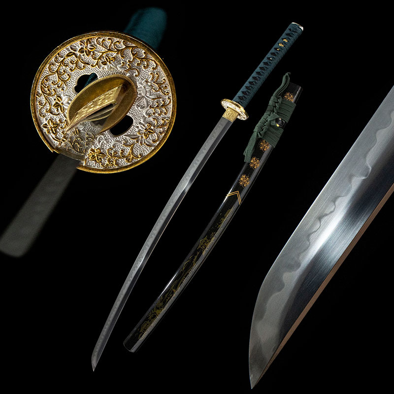 Green Shade Katana disassembled components display, including blade, handle, scabbard, and gold Tsuba, for structural analysis.