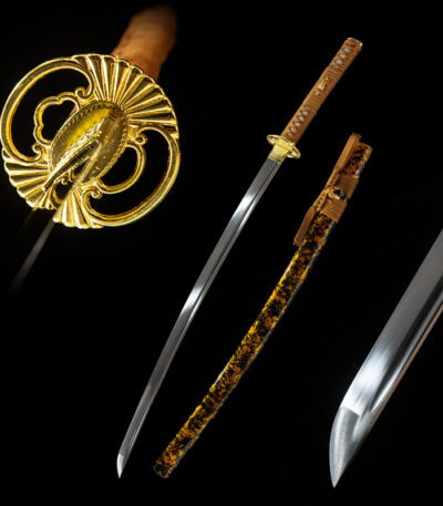 Fortune-bringing Sword separate components display, including blade, Tsuba, handle, and scabbard, for detailed inspection.