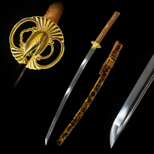 Fortune-bringing Sword separate components display, including blade, Tsuba, handle, and scabbard, for detailed inspection.