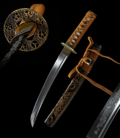 Golden Dragon Blade full display, including blade, scabbard, and accessories, art collectible