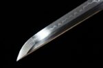 Little White Dragon Wakizashi Katana blade tip close-up, showcasing its sharpness and fine cutting edge