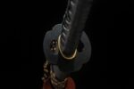 Shadow Ninja Straight Blade handle and black Tsuba guard connection, compact design, emphasizing practicality.