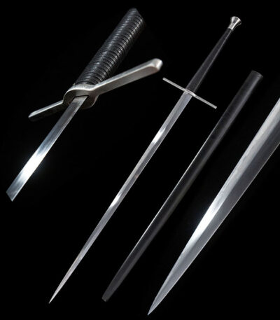 King Arthur Knight European sword blade and scabbard display, polished steel, leather sheath, complete set.