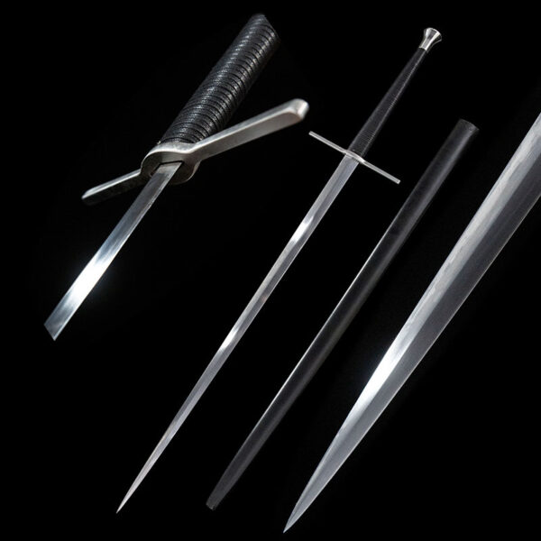 King Arthur Knight European sword blade and scabbard display, polished steel, leather sheath, complete set.
