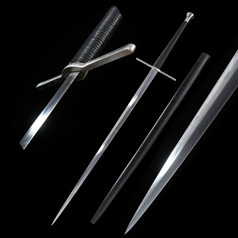 King Arthur Knight European sword blade and scabbard display, polished steel, leather sheath, complete set.
