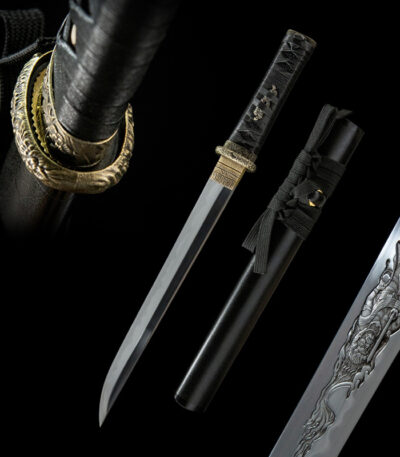 Night Blade Katana set, black scabbard, gold accents, display.