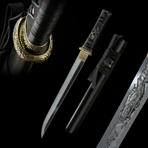Night Blade Katana set, black scabbard, gold accents, display.