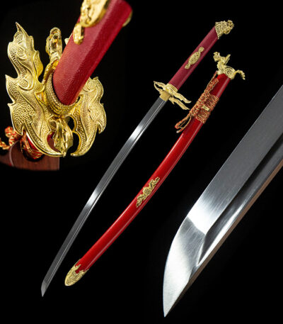 Crouching Dragon Sword close-up composite display of blade, handle, scabbard, and blade tip, highlighting its exquisite design and full form