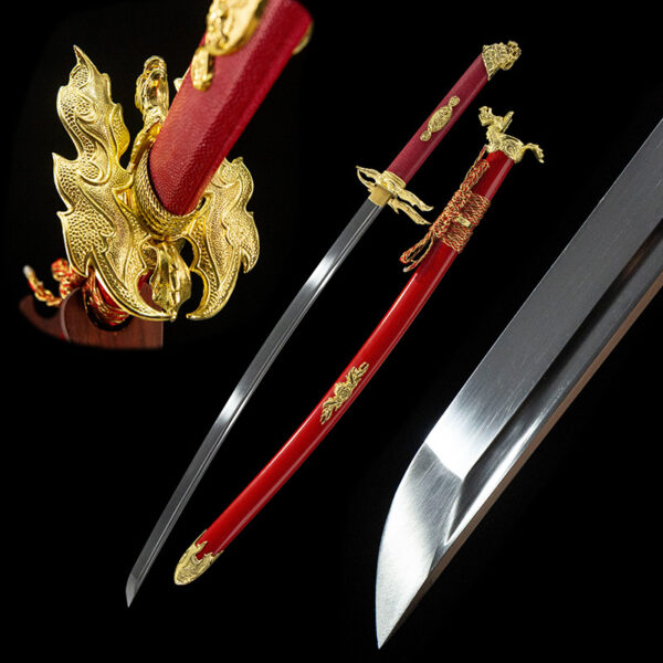 Crouching Dragon Sword close-up composite display of blade, handle, scabbard, and blade tip, highlighting its exquisite design and full form