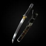 Mo Yulong Knife disassembled components display, including blade, handle, scabbard, and gold fittings, for overall appreciation.