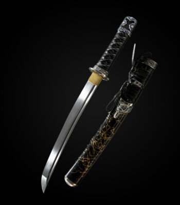 Mo Yulong Knife disassembled components display, including blade, handle, scabbard, and gold fittings, for overall appreciation.