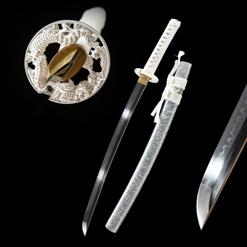 Little White Dragon Wakizashi overall display, blade and scabbard separated, rich details, for product presentation