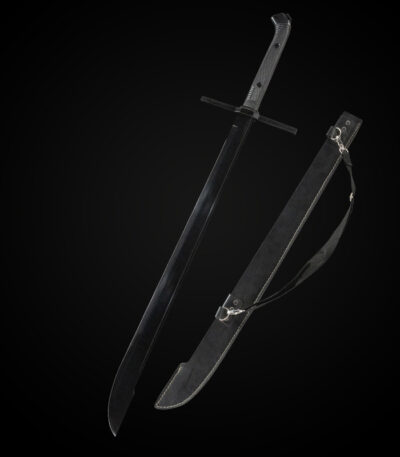 Messer broadsword, full view, complete blade and sheath, black background, ready for display