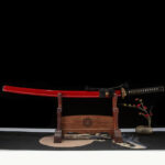 Longhai Katana, complete display with wooden stand, glossy red scabbard, black wrapped handle, traditional collectible sword