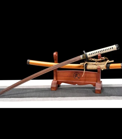 Rosewood Katana Training Sword crossed display on wooden stand showcasing blade and scabbard, training samurai sword, wooden samurai sword