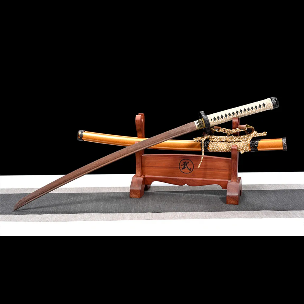 Rosewood Katana Training Sword crossed display on wooden stand showcasing blade and scabbard, training samurai sword, wooden samurai sword