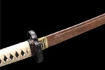 Rosewood Katana Training Sword tsuba front view with floral engraved pattern, training samurai sword, wooden samurai sword